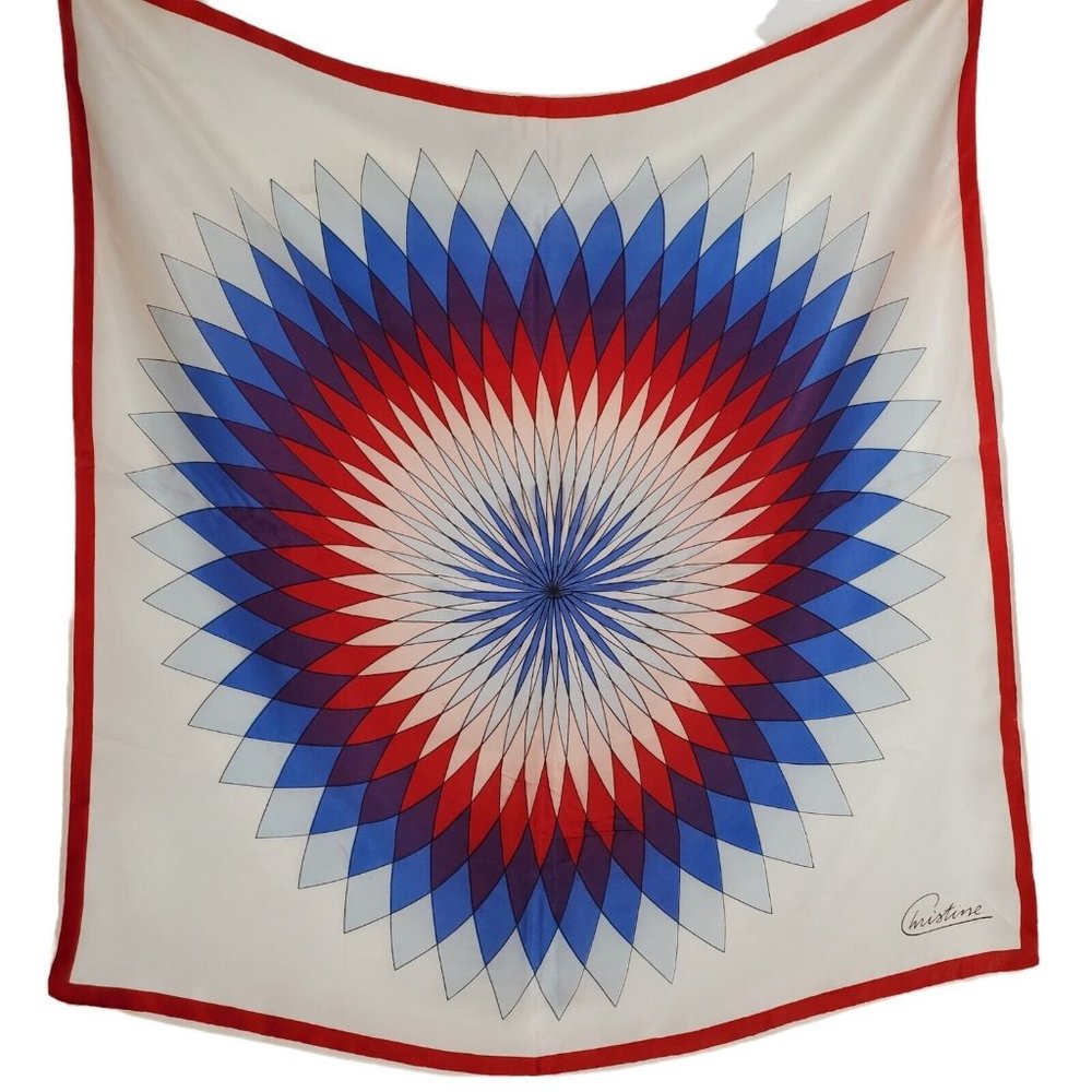 Vintage Satin Scarf Red Blue Mod Bold Geometric Sunburst 26" Square